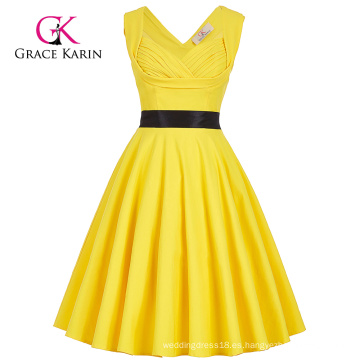 Grace Karin sin mangas cariño V-Back High Stretchy Amarillo 50s Retro Vintage Pin Up Vestido CL008948-3